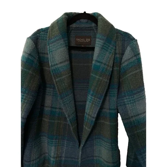 Rachel Zoe Open Front Wool Blend Green Plaid Jacket SZ L‎ - Picture 2 of 11